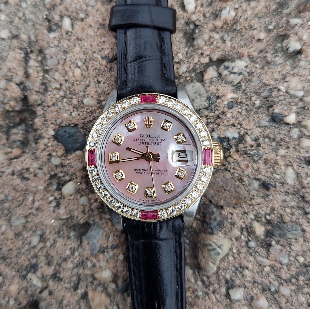 Rolex Ladies 26mm Datejust 6919 Pink Mop Diamond On Leather Strap
